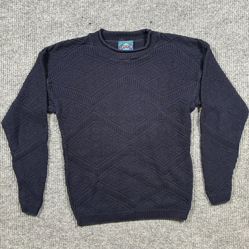 Jantzen Mens Knit Sweater Medium Navy USA Made Textured Crewneck Vintage 90s